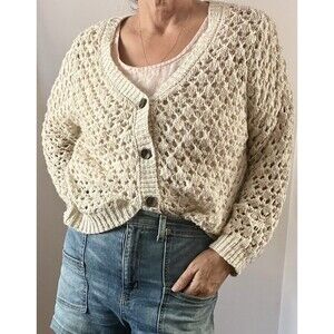 Cream Crochet Open Metallic Knit Cardigan Slouchy Oversized Coastal Boho Sweater